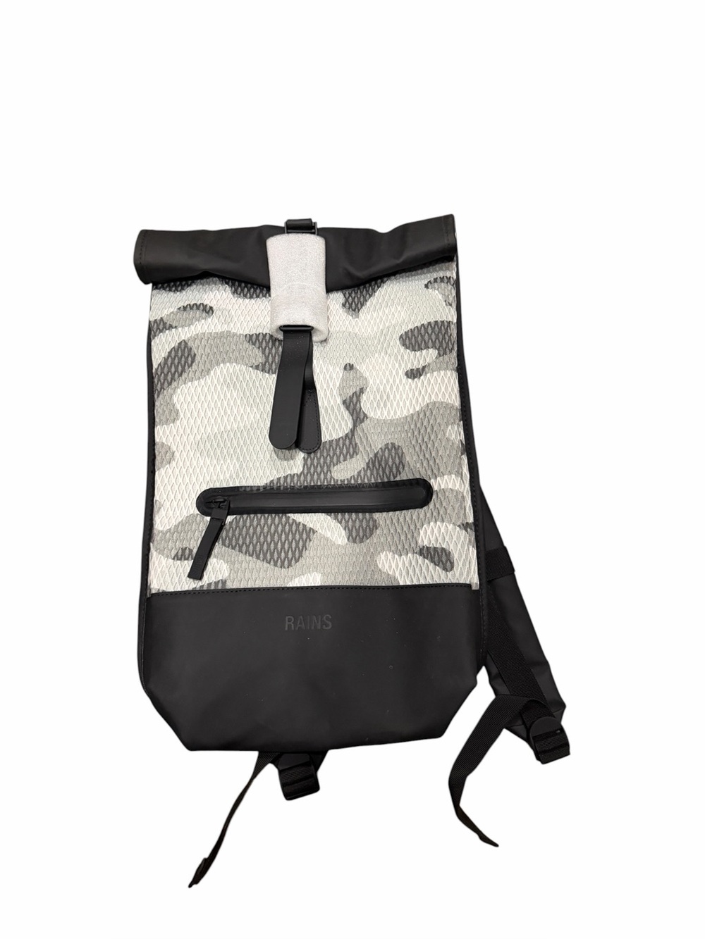 Rains White/Blk Camo Rolltop Rucksack Mesh Backpack nwt $155